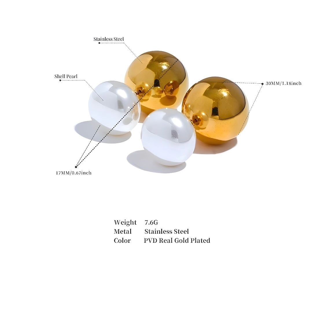 BEHI ROWA earrings featuring a 18k PVD gold plated small sphere with an imitation pearl piece dimensions and specs