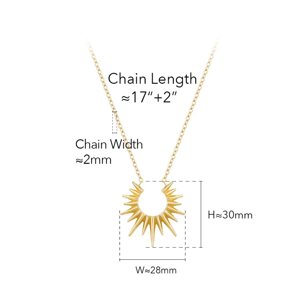 BEHI SUN STAR choker with a sun-shaped pendant 18k gold plated stainless steel thin chain dimension details