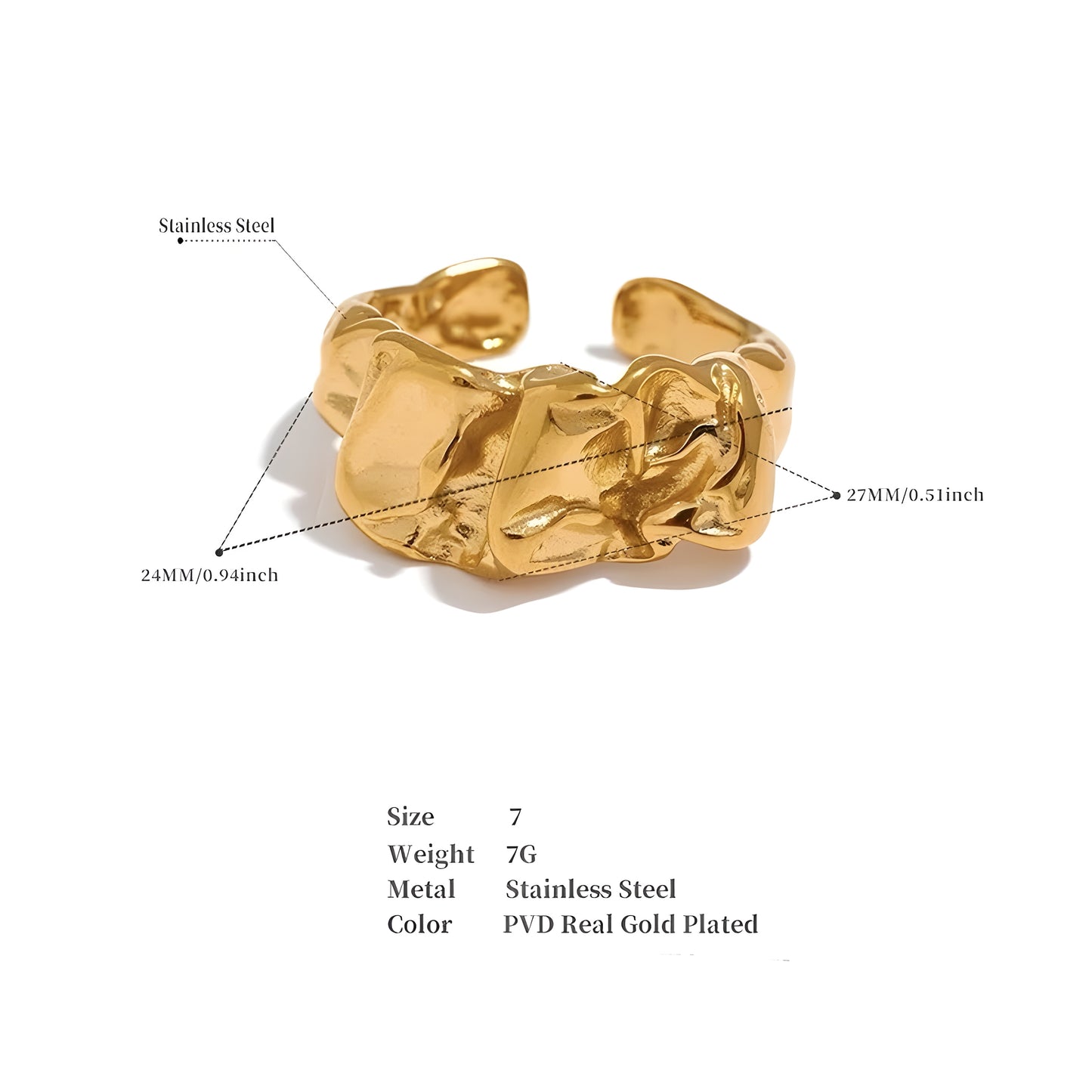 BEHI MISS MILLY 18K PVD gold-plated, textured fashion ring with an abstract design dimension details spec