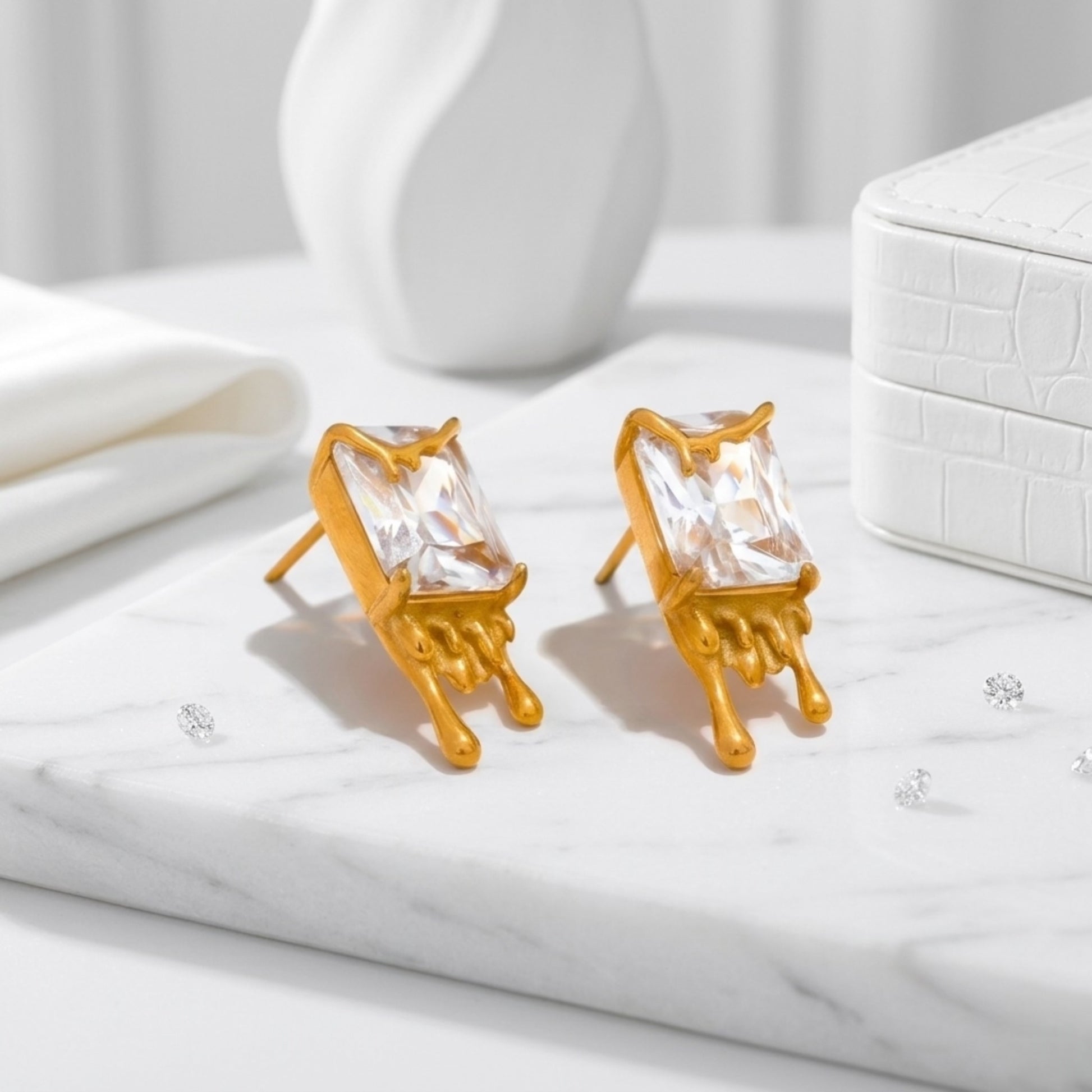 BEHI Taira Earrings | 18k PVD gold-plated stainless steel earrings with rectangular zircon gemstones | unique avant-garde design | Waterproof & Hypoallergenic & tarnish-free