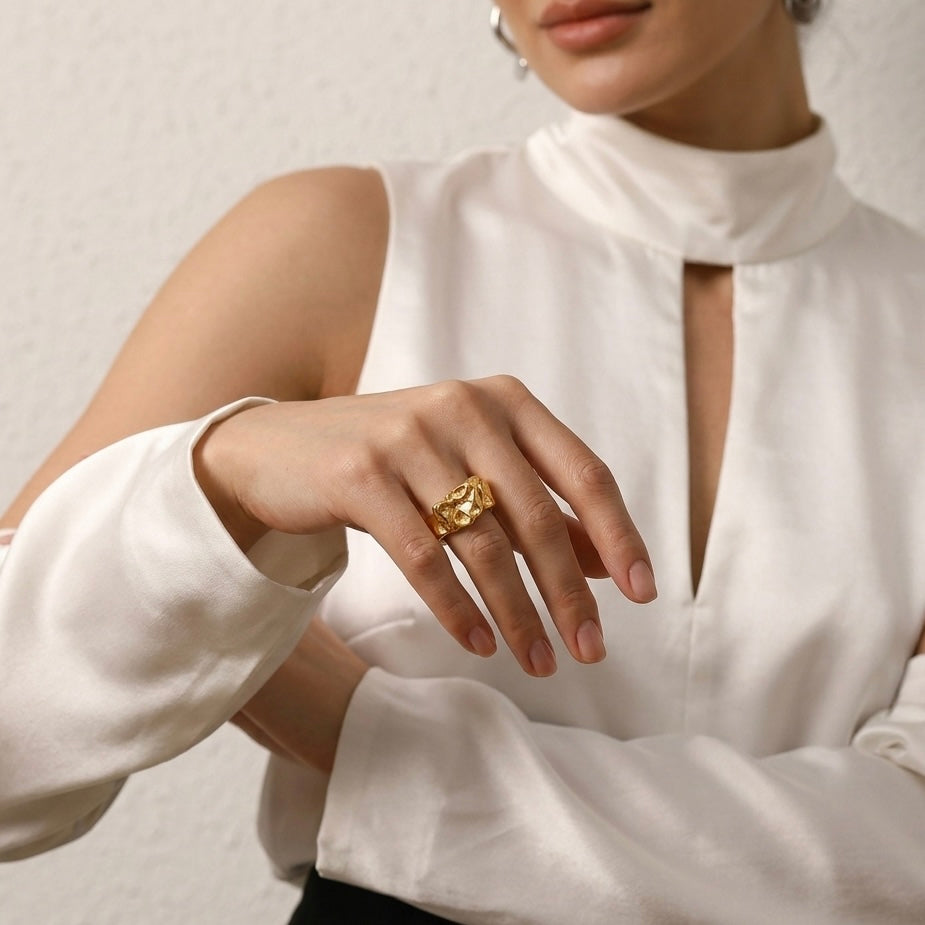 BEHI MISS MILLY 18K PVD gold-plated stainless steel textured fashion ring with an abstract design hypoallergenic