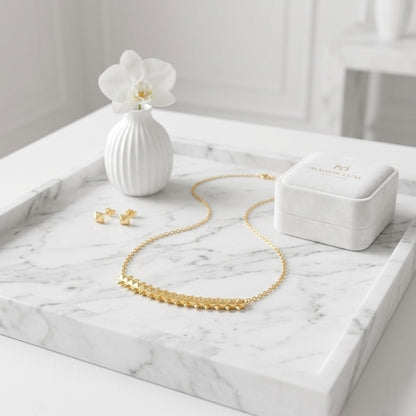 BEHI Isla Necklace | 18k PVD gold plated stainless steel necklace with a pyramids design bar pendant | Waterproof, hypoallergenic and tarnish-free | Shiny gold color