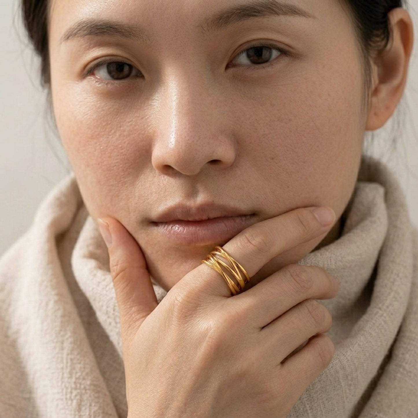 BEHI Eden Ring | 18k PVD gold-plated stainless steel | modern, geometric ring with multiple interlocking bands | Waterproof & hypoallergenic | Adjustable size