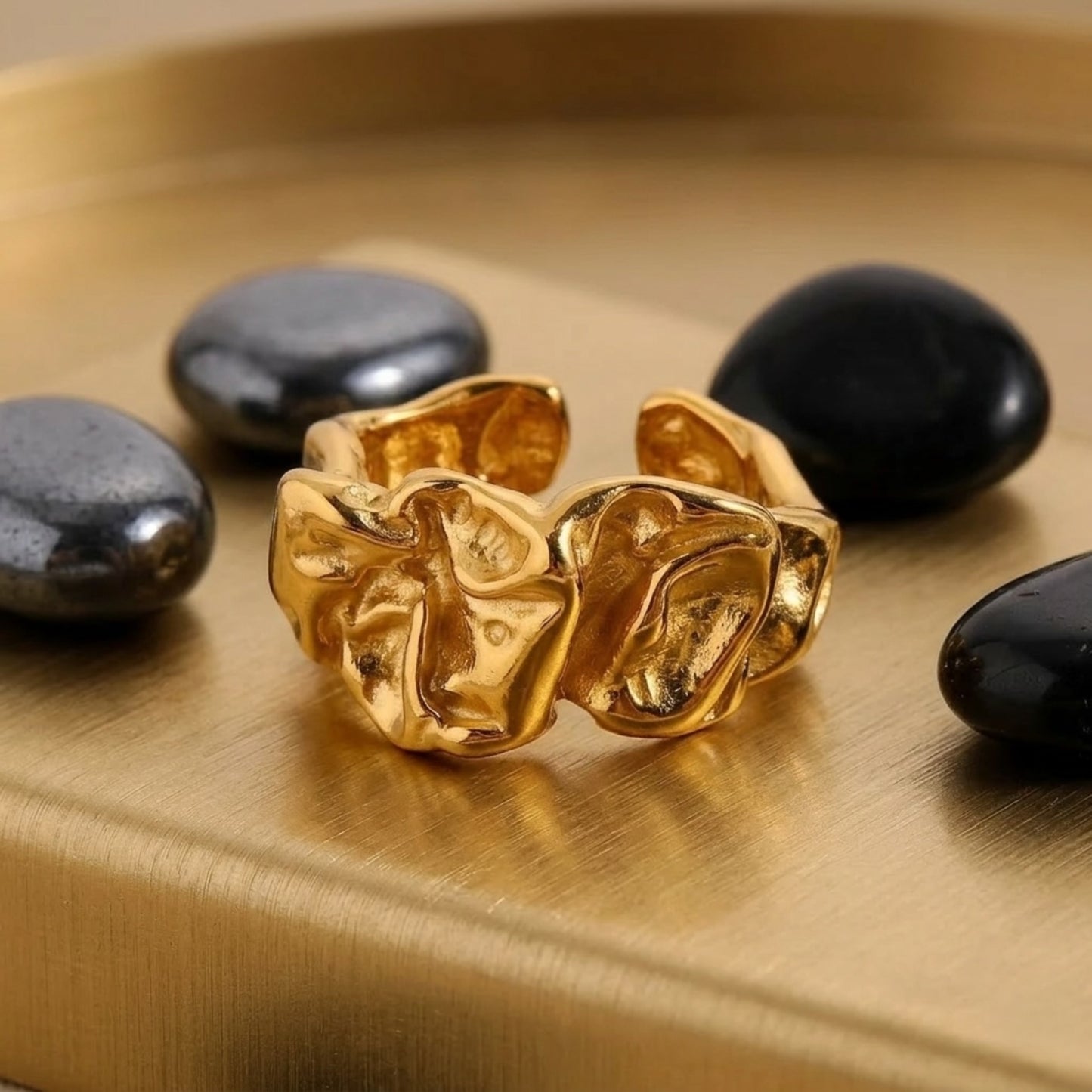 BEHI MISS MILLY 18K PVD gold-plated stainless steel textured fashion ring with an abstract design.