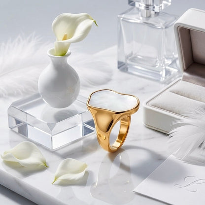 BEHI MARLEN 18k PVD gold plated ring with a white marble resin centerpiece hypoallergenic