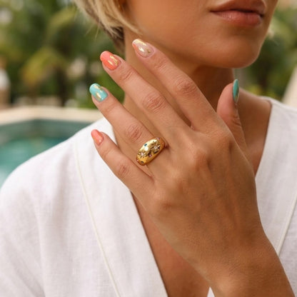 BEHI Camila Ring worn on a model to showcase the bold dome silhouette and hypoallergenic gold-plated finish.