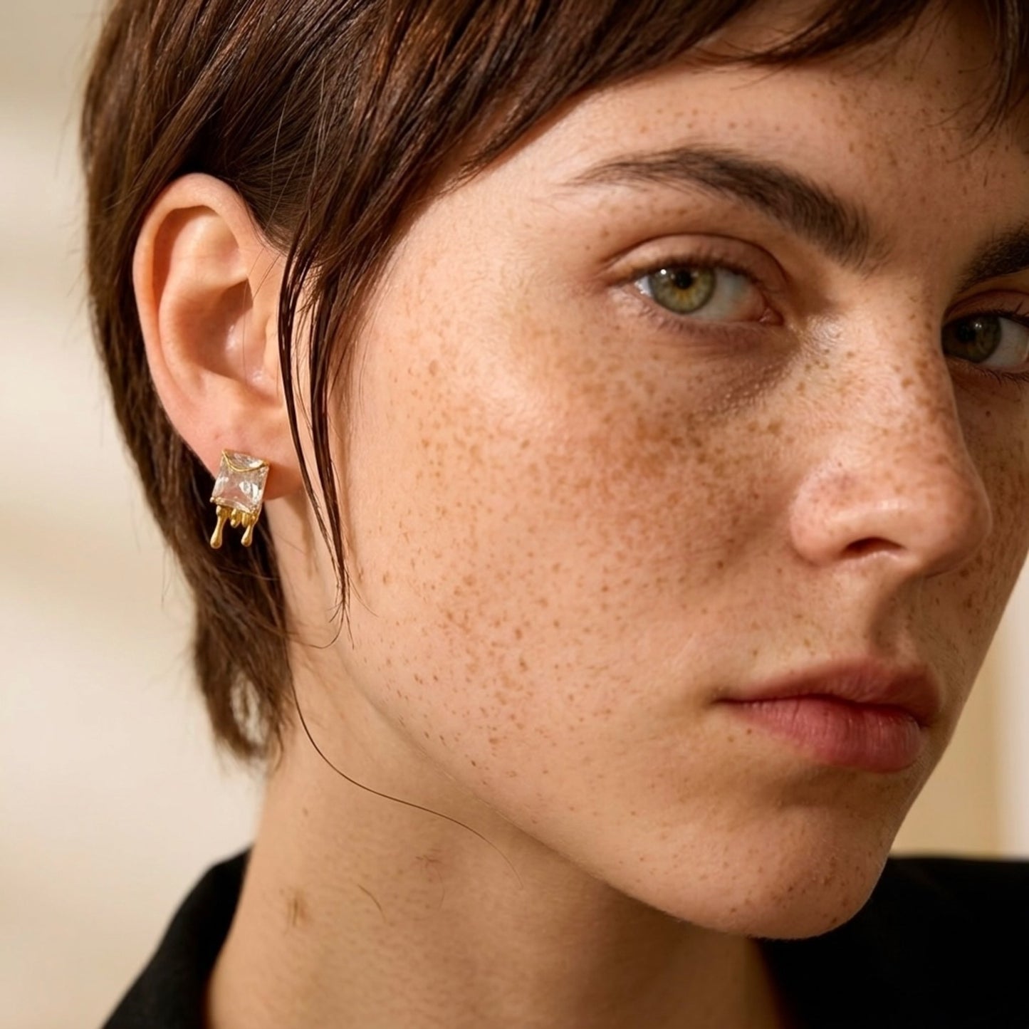 BEHI Taira Earrings | 18k PVD gold-plated stainless steel earrings with rectangular zircon stones | unique avant-garde design | Waterproof & Hypoallergenic