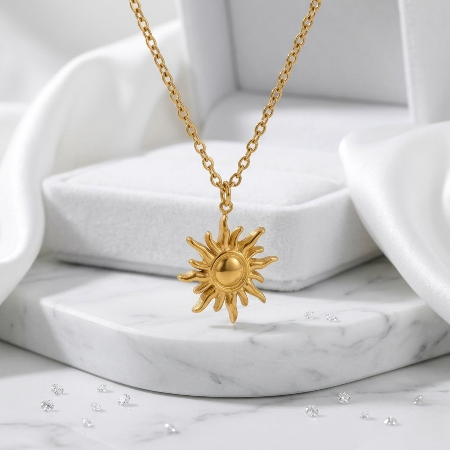 An angled perspective of the BEHI LOVE SUN Necklace pendant, showcasing its structural form and golden glow.