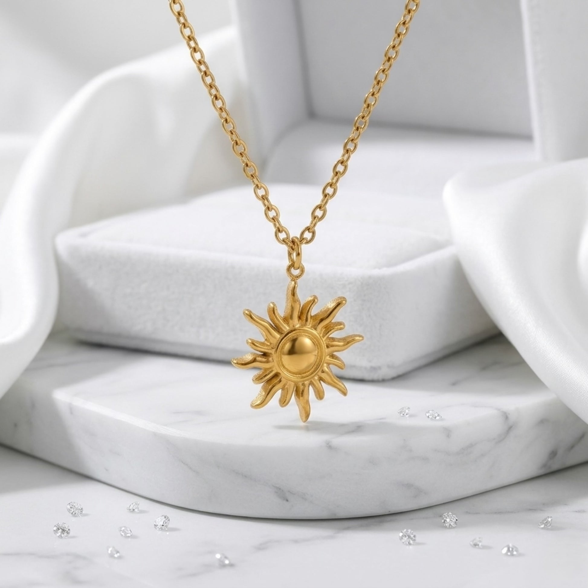 An angled perspective of the BEHI LOVE SUN Necklace pendant, showcasing its structural form and golden glow.