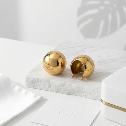BEHI Erika golden spherical hoop Earrings | 18k PVD Gold plated stainless steel , Waterproof & hypoallergenic, shiny gold finish