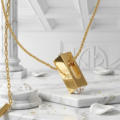 BEHI Zoey Necklace | 18k PVD gold-plated  stainless steel minimal necklace with a rectangular pendant and clear Zircon gemstones at the top and bottom | Waterproof, Hypoallergenic and tarnish-free