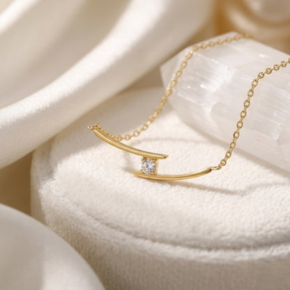 An angled perspective of the waterproof BEHI Alison Necklace, showcasing the durable, high-shine 18k PVD gold plating.
