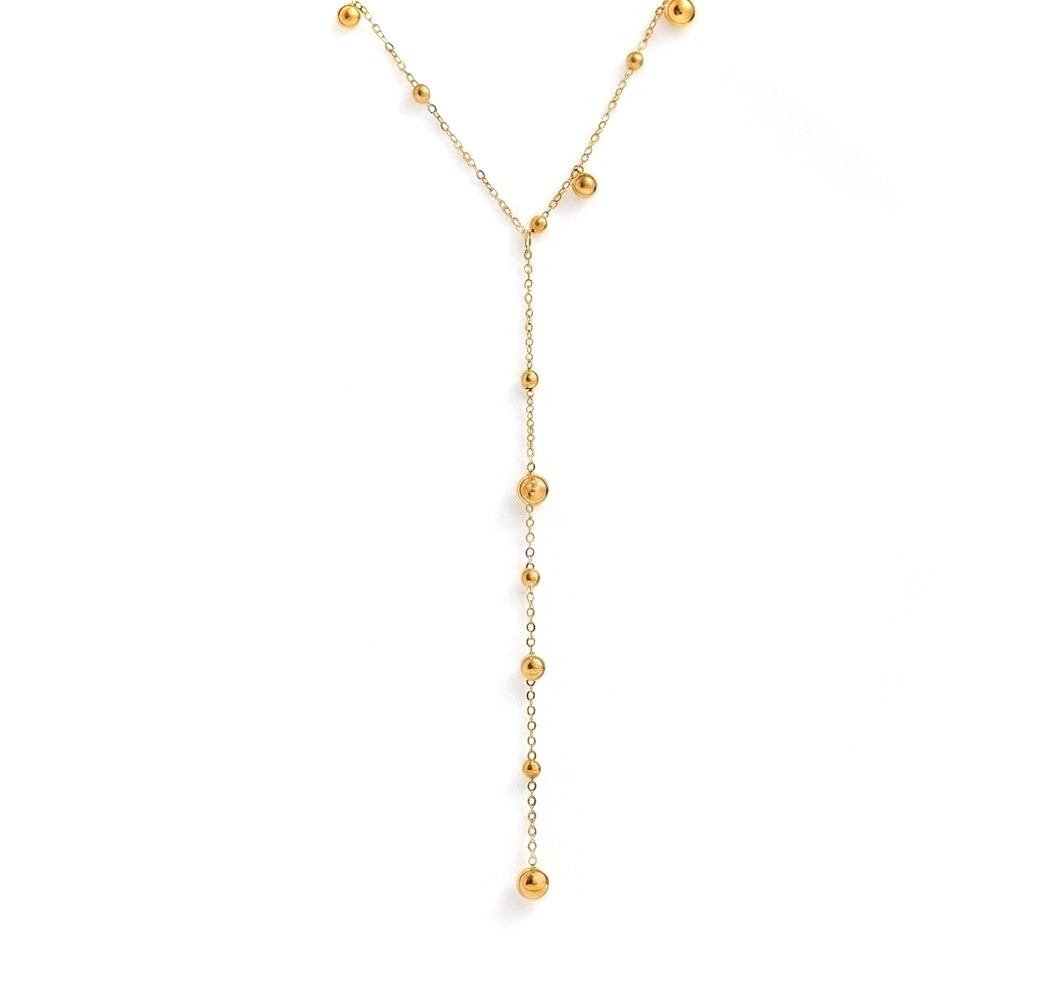 BEHI Rovena Long Necklace: waterproof and hypoallergenic 18k PVD gold-plated minimalist bead pendant necklace.