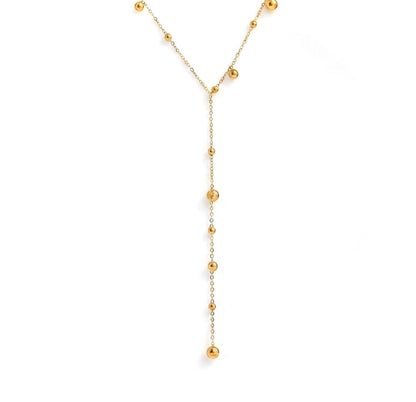 BEHI Rovena Long Necklace: waterproof and hypoallergenic 18k PVD gold-plated minimalist bead pendant necklace.