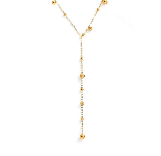 BEHI Rovena Long Necklace: waterproof and hypoallergenic 18k PVD gold-plated minimalist bead pendant necklace.
