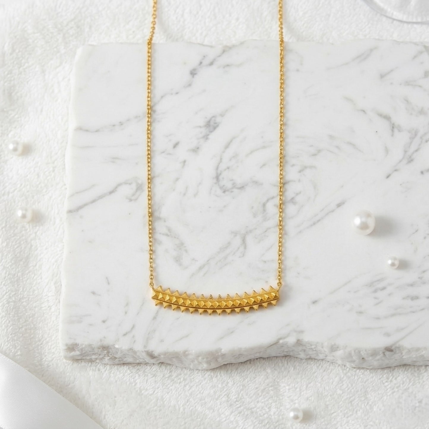 BEHI Isla Necklace | 18k PVD gold plated stainless steel necklace with a pyramids design bar pendant and hoop earrings set | Waterproof, hypoallergenic and tarnish-free | Shiny gold color