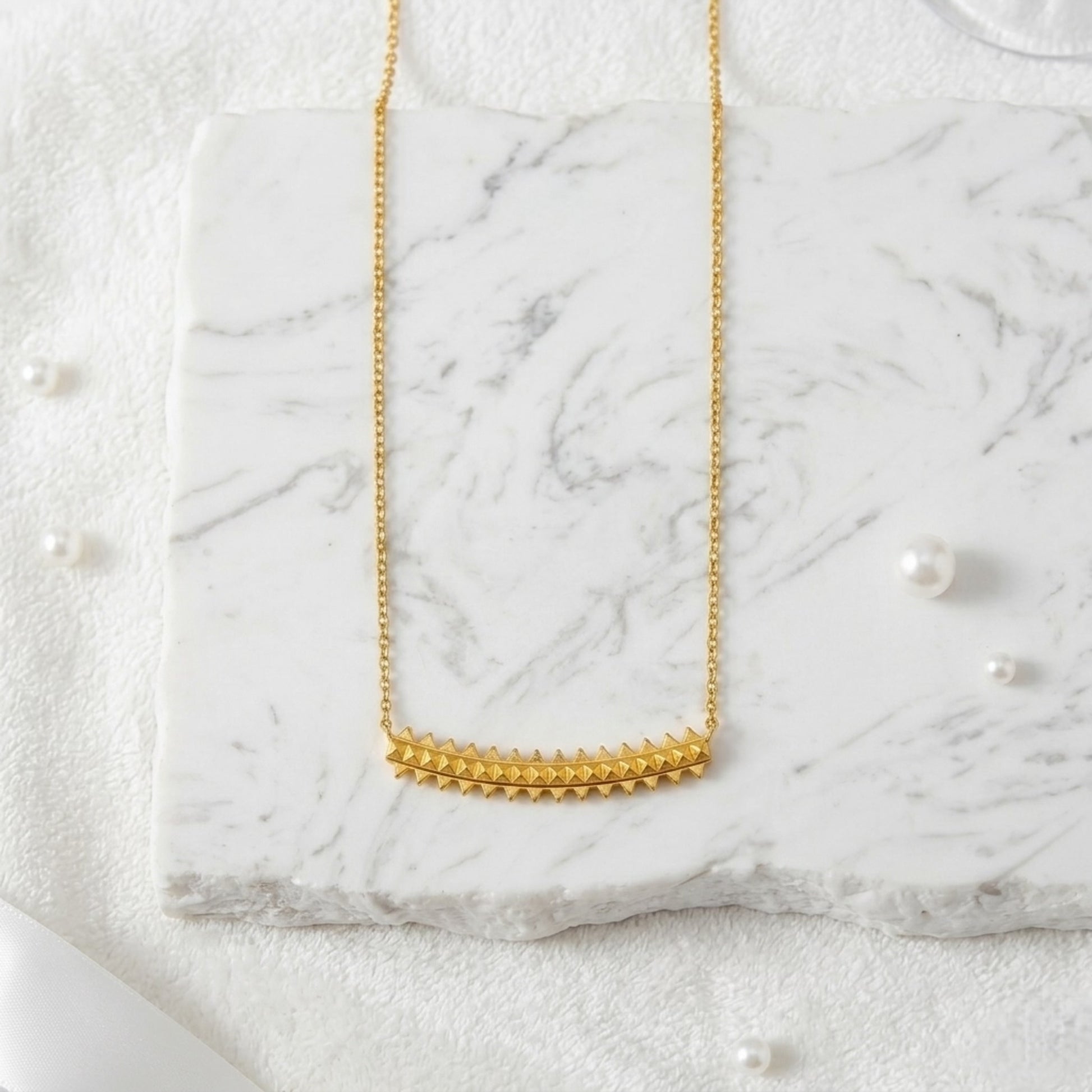 BEHI Isla Necklace | 18k PVD gold plated stainless steel necklace with a pyramids design bar pendant and hoop earrings set | Waterproof, hypoallergenic and tarnish-free | Shiny gold color