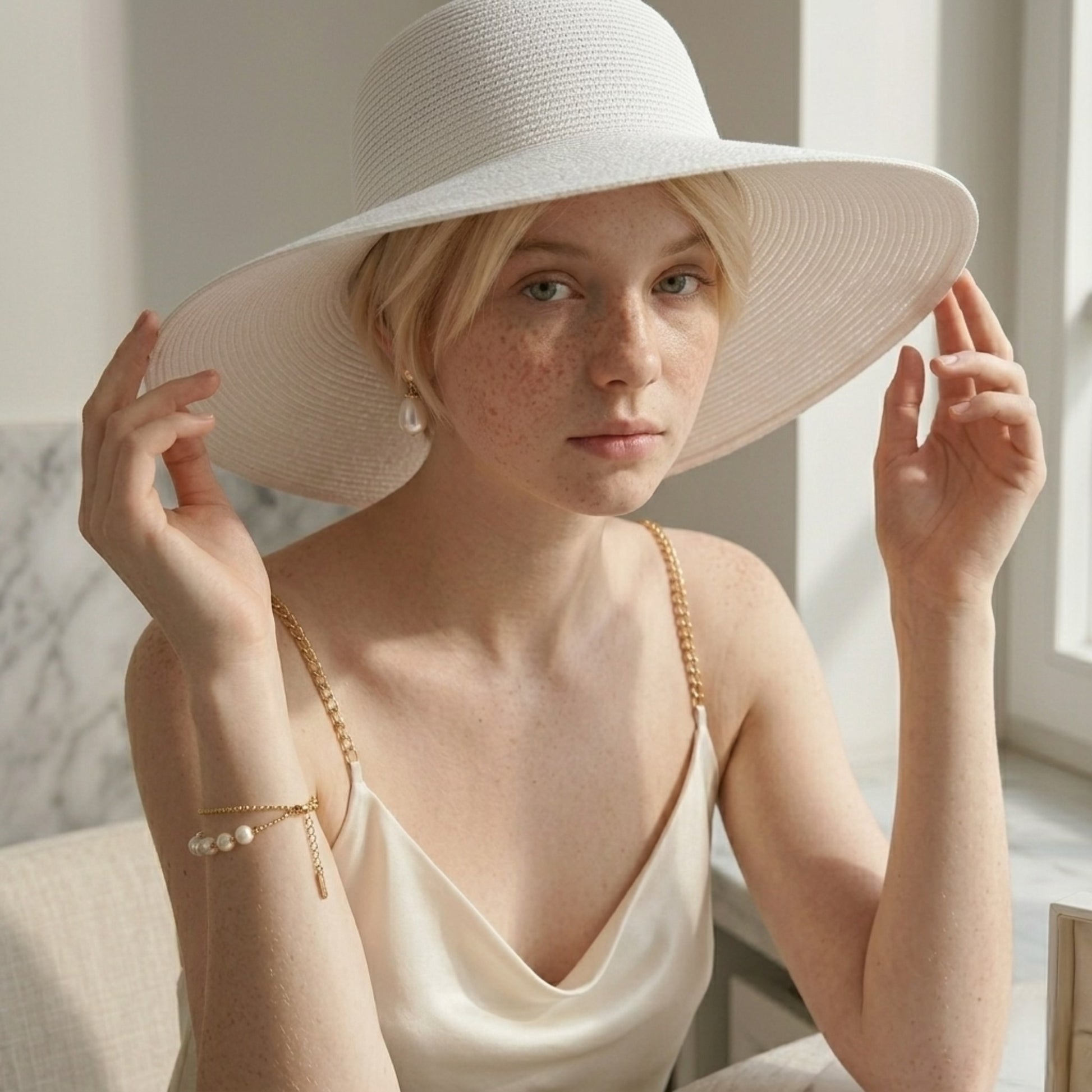 BEHI Tesa Bracelet | 18k PVD gold-plated stainless steel |Minimal design featuring a string of round natural pearls with gold beads, adjustable chain | Waterproof & Hypoallergenic
