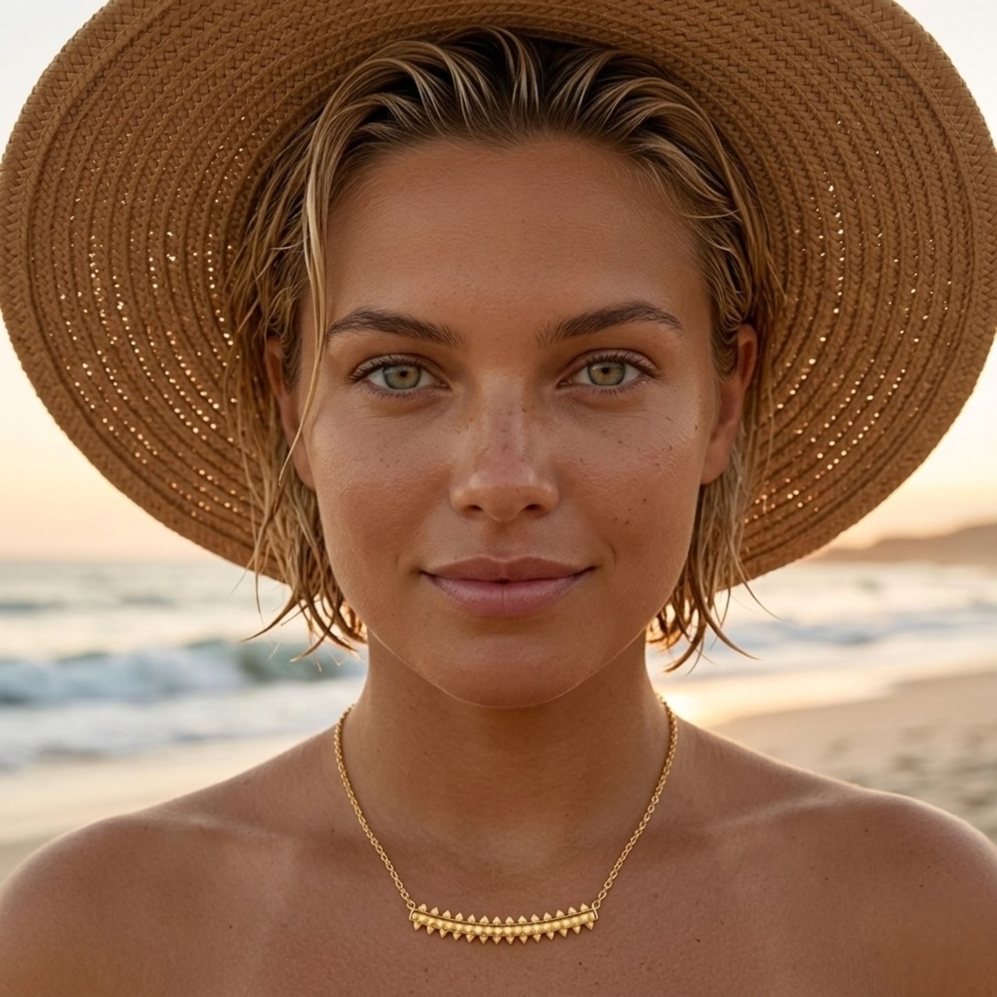 BEHI Isla Necklace | 18k PVD gold plated stainless steel necklace with a pyramids design bar pendant | Waterproof, hypoallergenic and tarnish-free