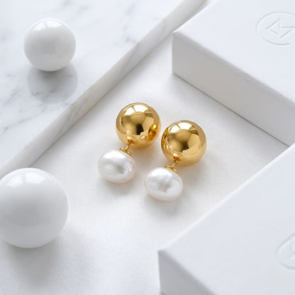 BEHI ROWA earrings featuring a 18k PVD gold plated small sphere with an imitation pearl piece