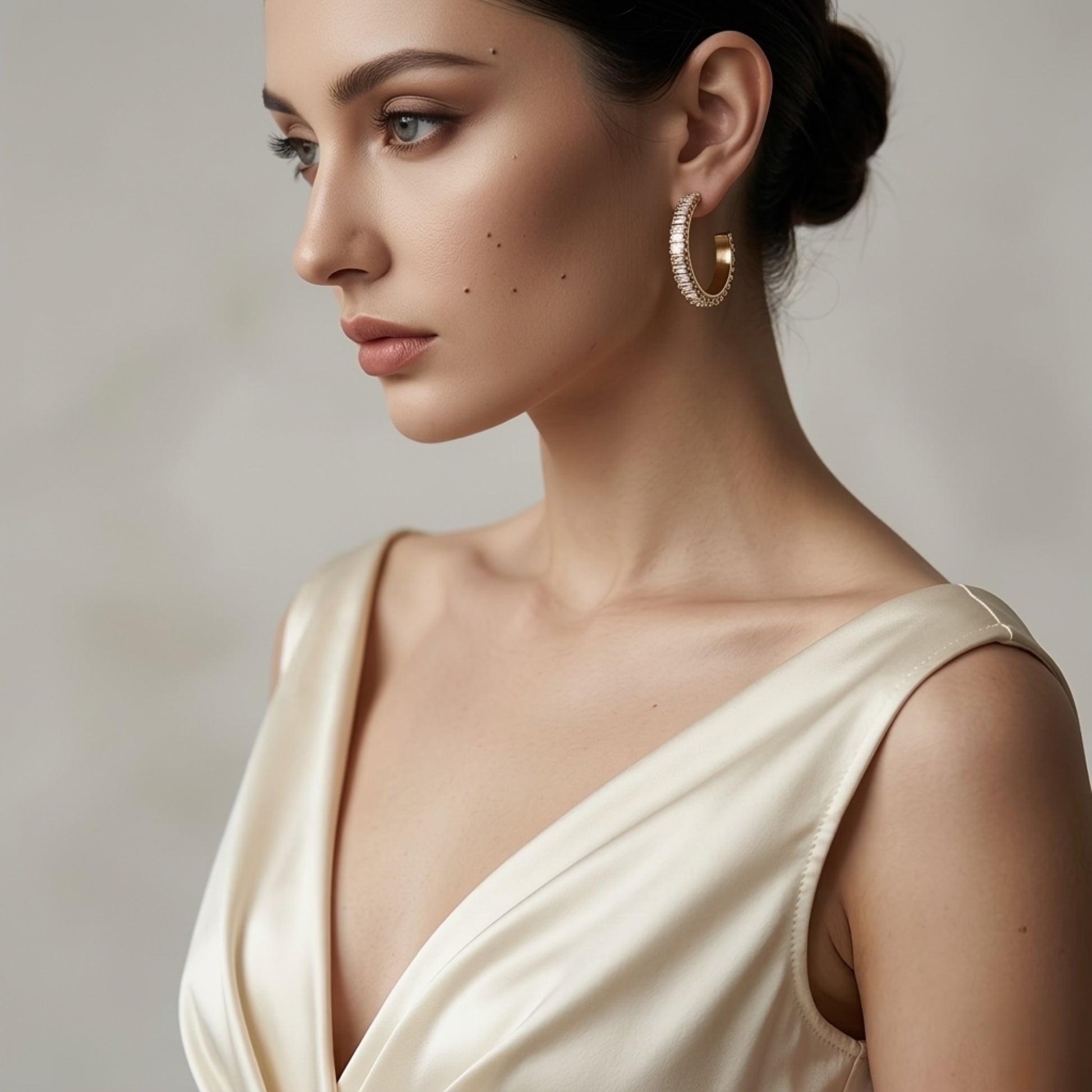 BEHI RIENA 18k PVD gold plated earrings with multiple rows of Zircon gemstones set in a solid curved pattern, designed to be worn on the earlobes classic Italian design.