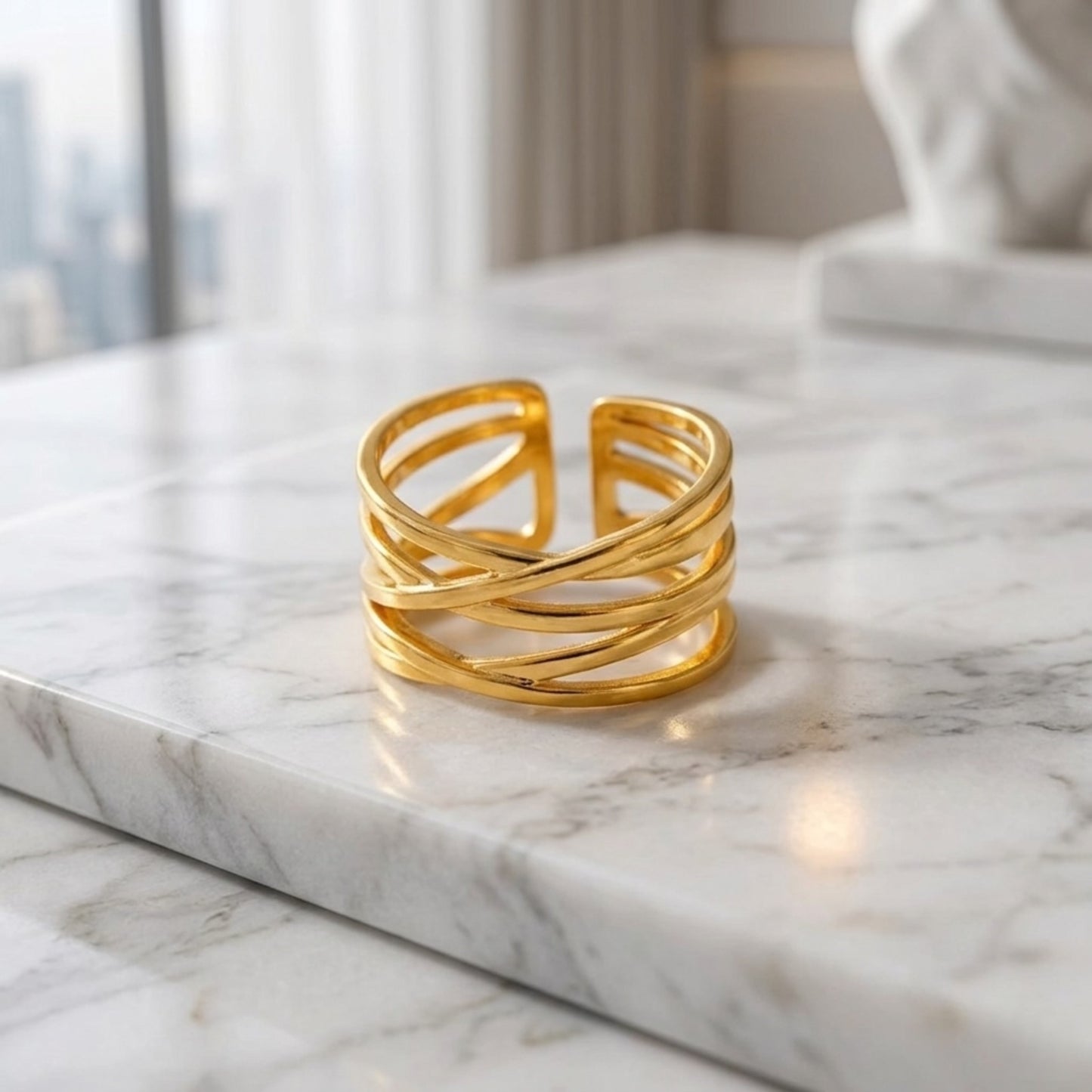 BEHI Eden Ring | 18k PVD gold-plated stainless steel | modern, geometric ring with multiple interlocking bands in shiny gold finish | Waterproof & hypoallergenic | Adjustable size