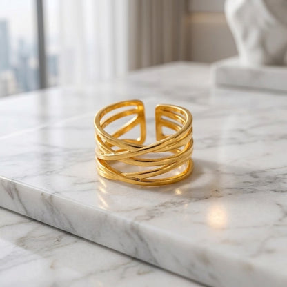 BEHI Eden Ring | 18k PVD gold-plated stainless steel | modern, geometric ring with multiple interlocking bands in shiny gold finish | Waterproof & hypoallergenic | Adjustable size