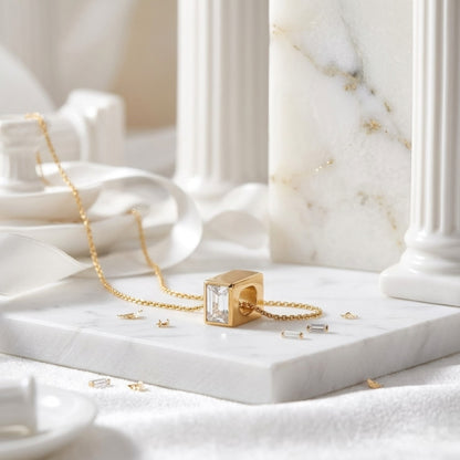 BEHI Zoey Necklace | 18k PVD gold-plated  stainless steel minimal necklace with a rectangular pendant and clear Zircon gemstones at the top and bottom | Waterproof, Hypoallergenic and tarnish-free