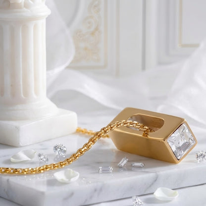 BEHI Zoey Necklace | 18k PVD gold-plated  stainless steel minimal necklace with a rectangular pendant and clear Zircon gemstones at the top and bottom | Waterproof, Hypoallergenic and tarnish-free