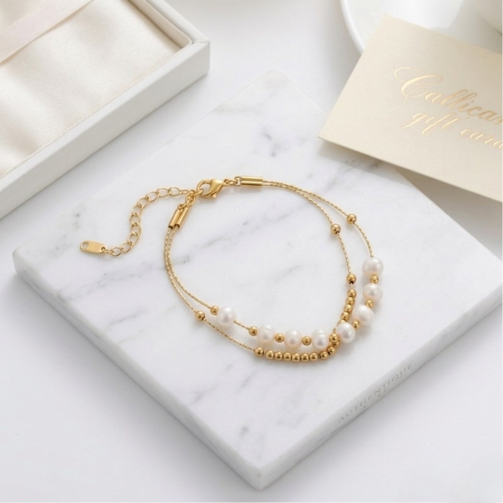 BEHI Tesa Bracelet | 18k PVD gold-plated stainless steel | featuring a string of round natural pearls with gold beads, adjustable chain | Waterproof & Hypoallergenic & tarnish-free
