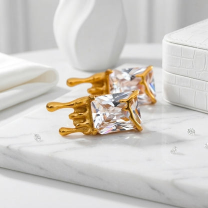 BEHI Taira Earrings | 18k PVD gold-plated stainless steel earrings with rectangular zircon stones | unique avant-garde design | Waterproof & Hypoallergenic
