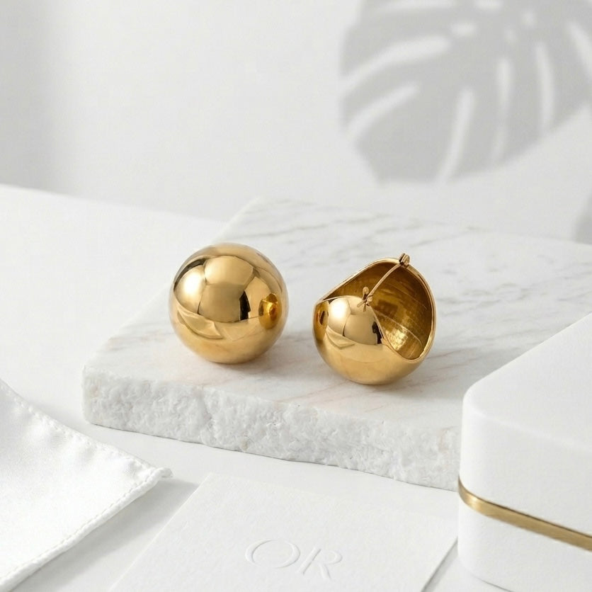 BEHI Erika golden spherical Earrings | 18k PVD Gold plated stainless steel , everyday affordable luxury jewelry, shiny gold finish