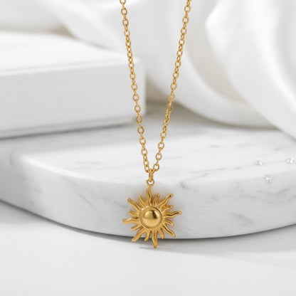 BEHI LOVE SUN Necklace displayed on a minimal surface, emphasizing the high-quality, tarnish-resistant plating.
