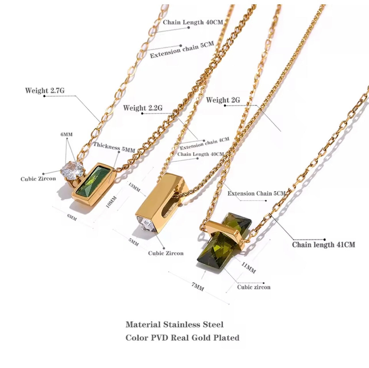 BEHI Zoey Necklace | 18k PVD gold-plated  stainless steel minimal necklace with a rectangular pendant and clear Zircon gemstones at the top and bottom | Dimensions and specs