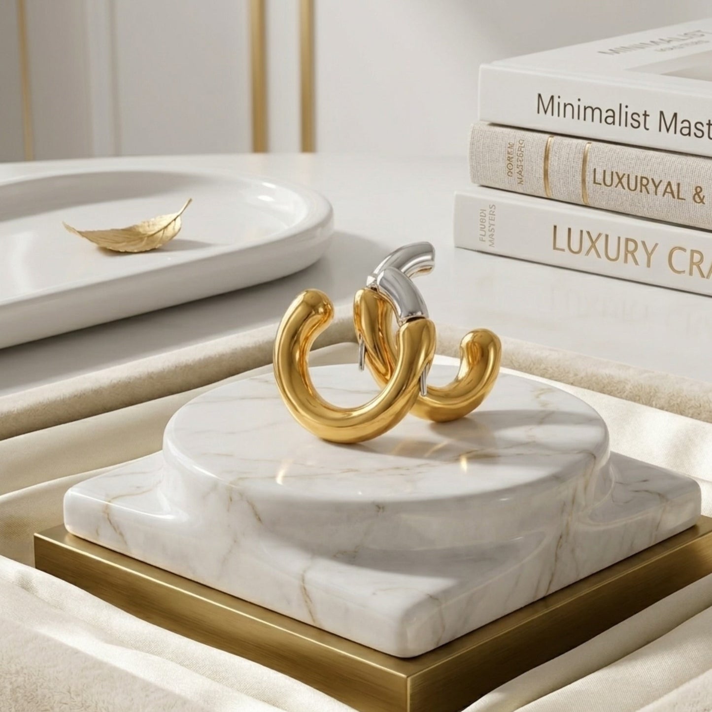 The BEHI Dafne Earrings displayed on a pedestal, showing the durable and tarnish-free mixed-metal finish.