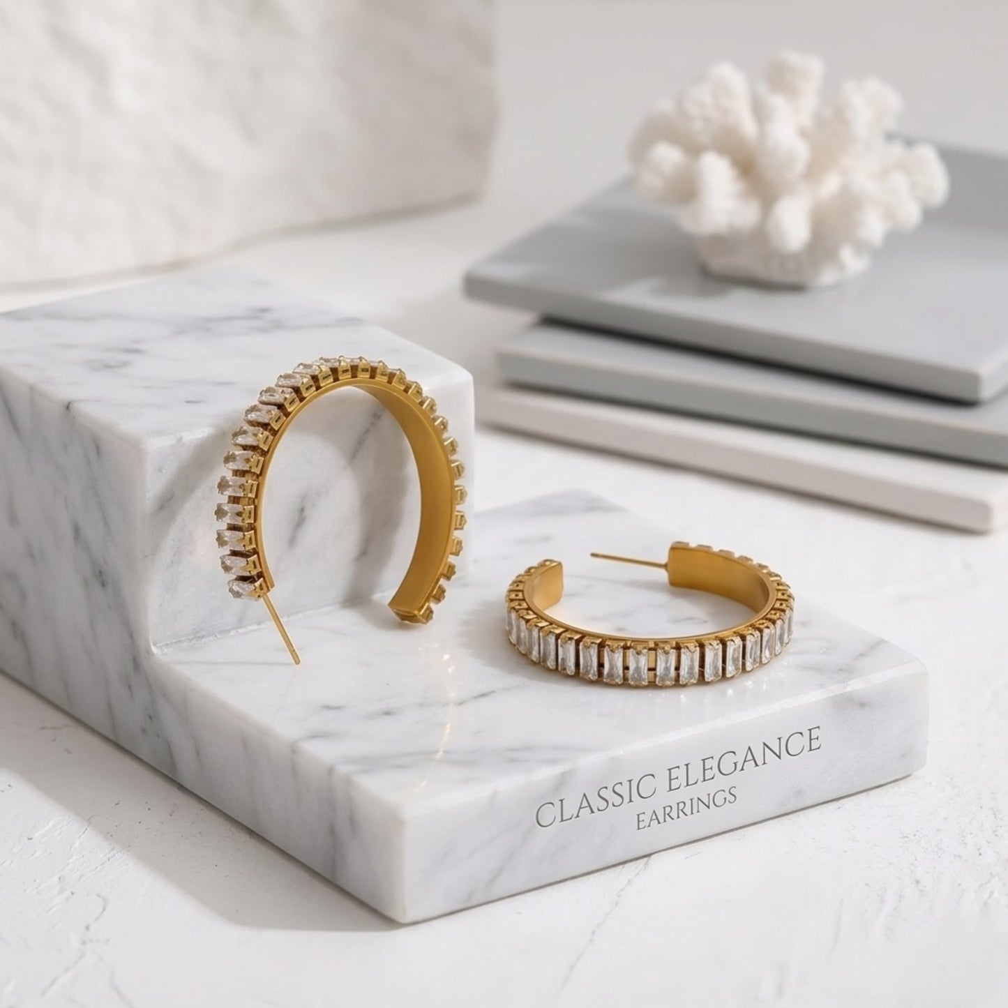 BEHI RIENA 18k PVD gold-plated waterproof stainless steel hoop earrings with multiple rows of Zircon gemstones set in a solid pattern, designed to be worn on the earlobes.