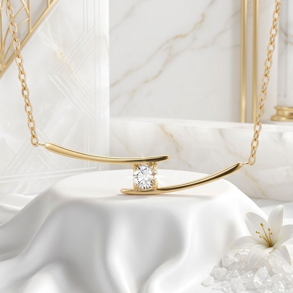 BEHI Alison Necklace on a clean minimalist surface, demonstrating how the gold-plated bar catches the light.
