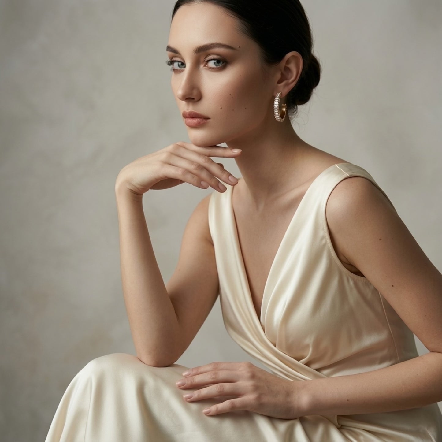 BEHI RIENA 18k PVD gold-plated hypoallergenic stainless steel hoop earrings with multiple rows of Zircon gemstones set in a solid pattern, designed to be worn on the earlobes, classic Italian design.