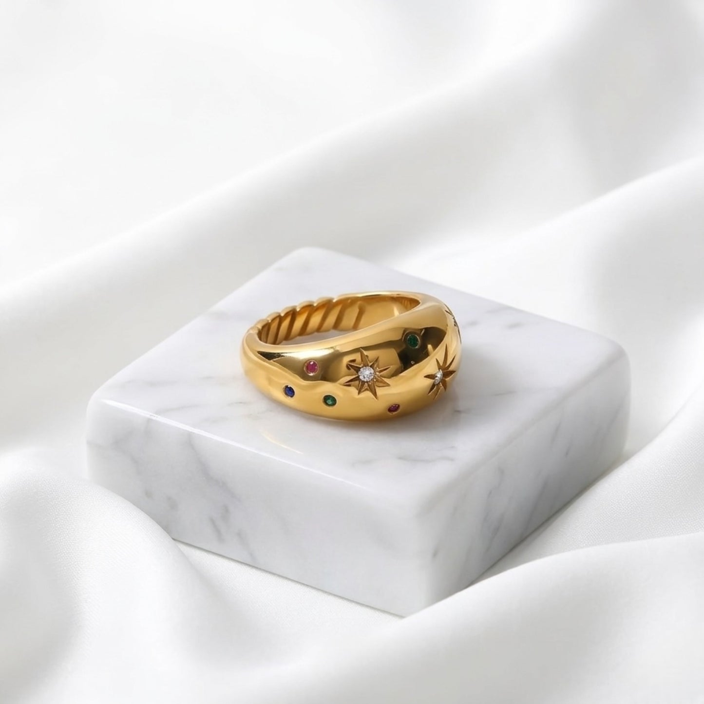 BEHI Camila Ring on a geometric base, emphasizing the structural dome shape and tarnish-resistant properties.