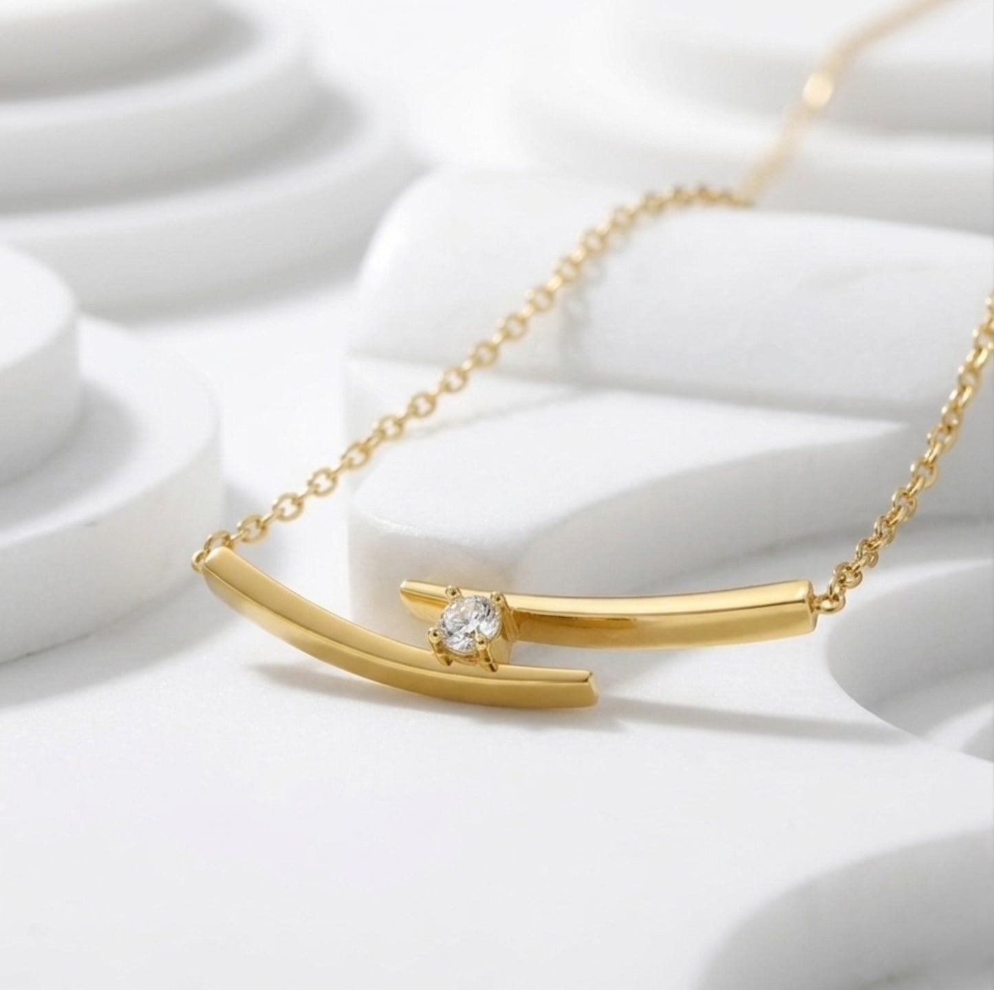 Close-up of the BEHI Alison Necklace highlighting the precision-set gemstone and smooth, tarnish-resistant finish.