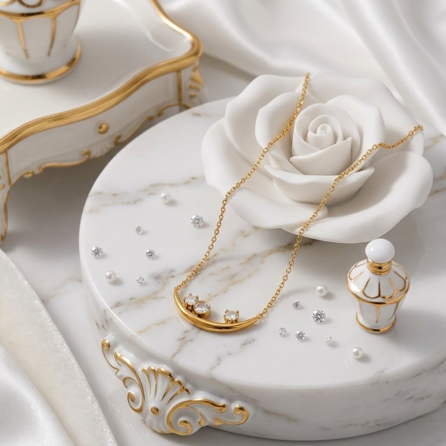 BEHI Rabiya Necklace | 18k PVD gold plated stainless steel necklace with a crescent-shaped pendant featuring three clear zircon stones set within the curve, attached to a gold chain | Waterproof, Hypoallergenic and tarnish-free