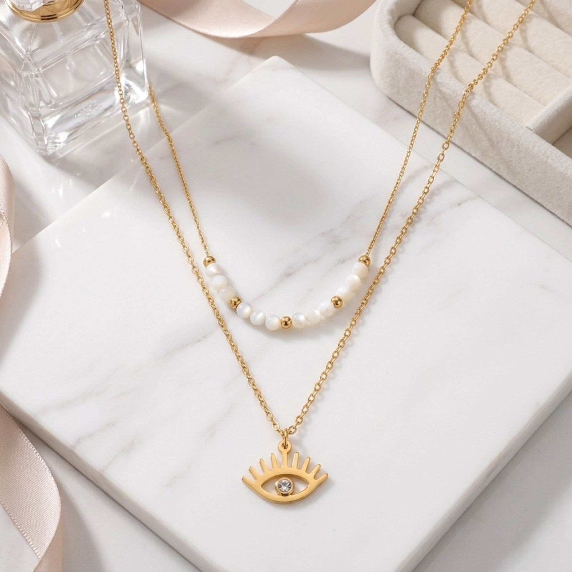 BEHI Viska Necklace | 18k PVD gold-plated stainless steel | layered necklace with white MOP stones and a gold eye pendant with a zircon stone in the center | Waterproof, tarnish-free and hypoallergenic