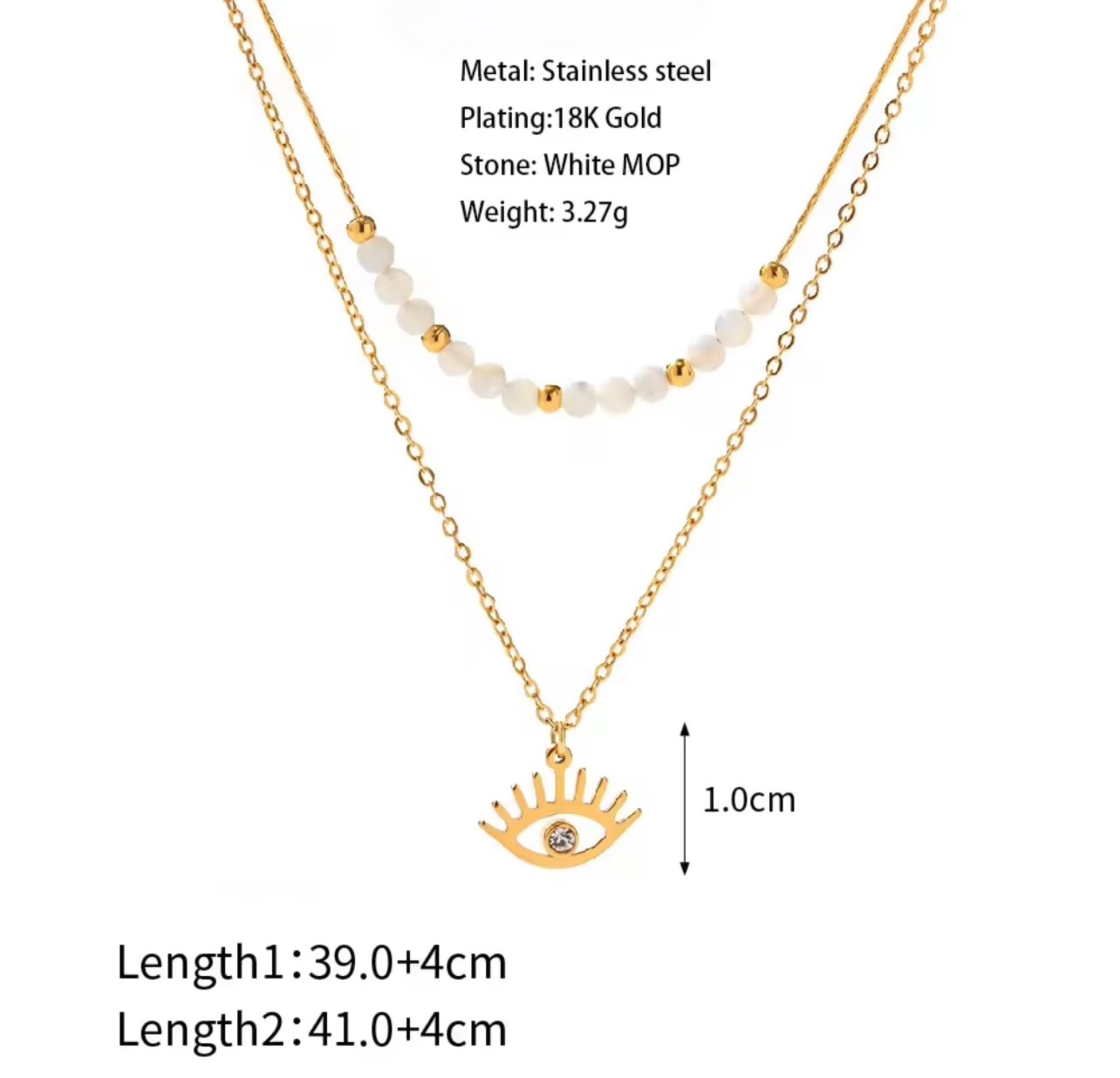 BEHI Viska Necklace | 18k PVD gold-plated stainless steel | layered necklace with white MOP stones and a gold eye pendant with a zircon stone in the center | Dimensions and specs