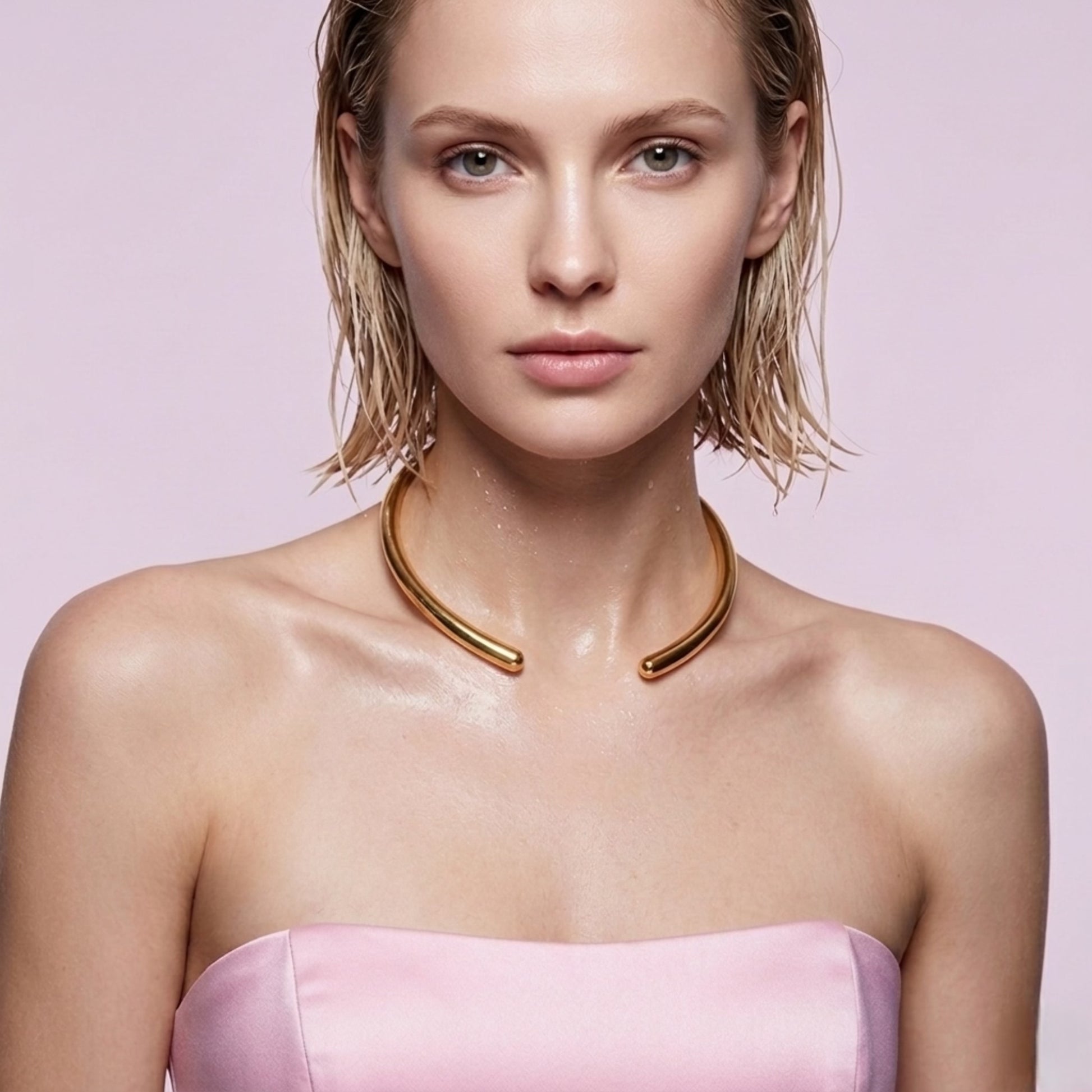 BEHI Flavia Choker in gold worn by a model, showcasing its radiant, tarnish-free high-polish finish.