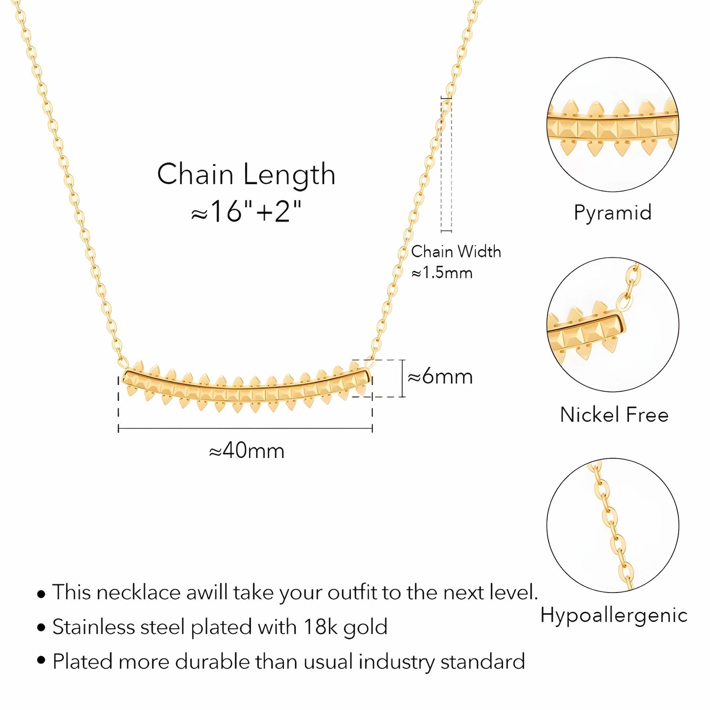 BEHI Isla Necklace | 18k PVD gold plated stainless steel necklace with a pyramids design bar pendant and hoop earrings set | Waterproof, hypoallergenic and tarnish-free | Dimensions and specs