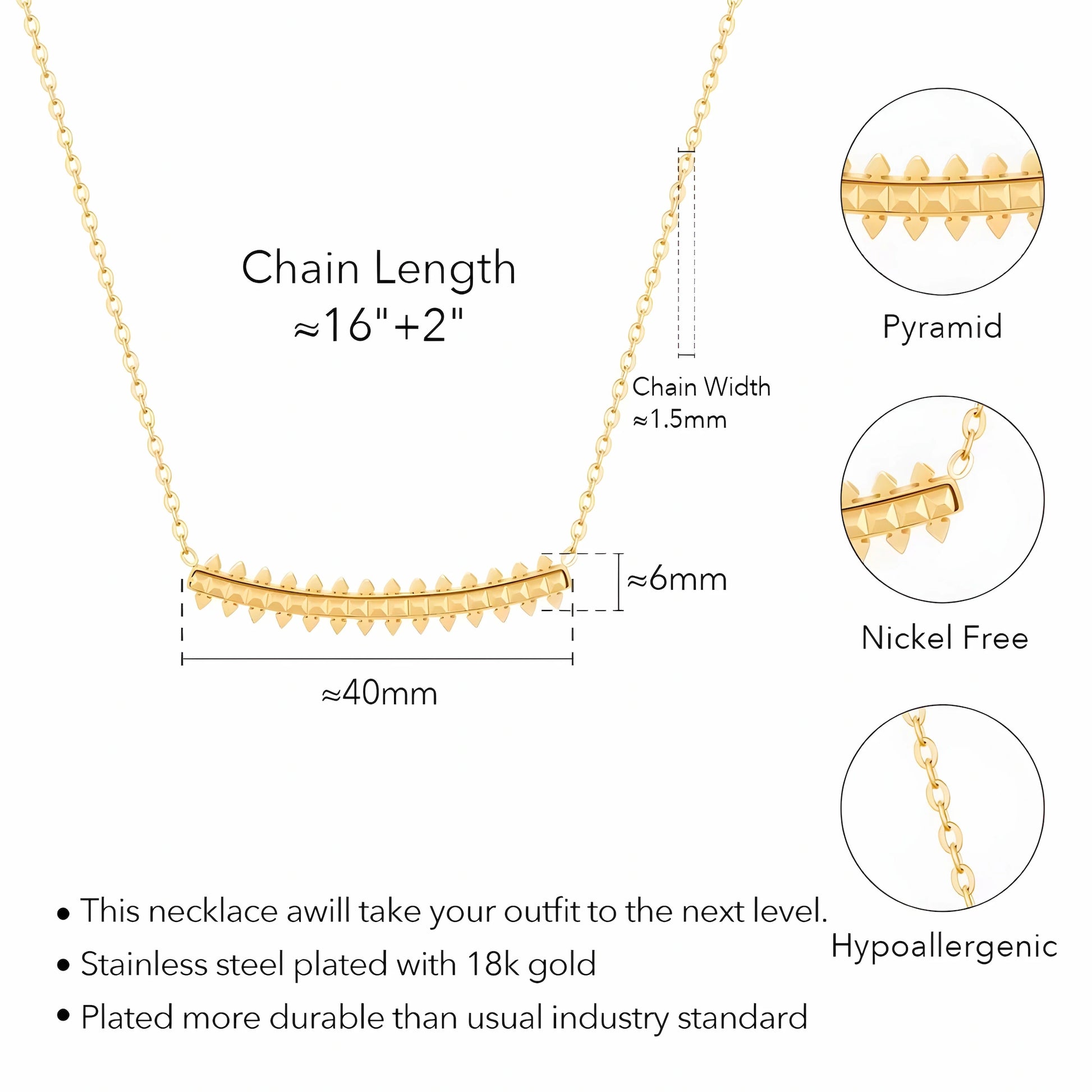 BEHI Isla Necklace | 18k PVD gold plated stainless steel necklace with a pyramids design bar pendant and hoop earrings set | Waterproof, hypoallergenic and tarnish-free | Dimensions and specs
