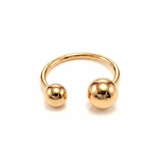 BEHI MILANO Adriana Ring — 18k gold-plated open sphere ring with two ball ends, waterproof tarnish-free stainless steel, white background