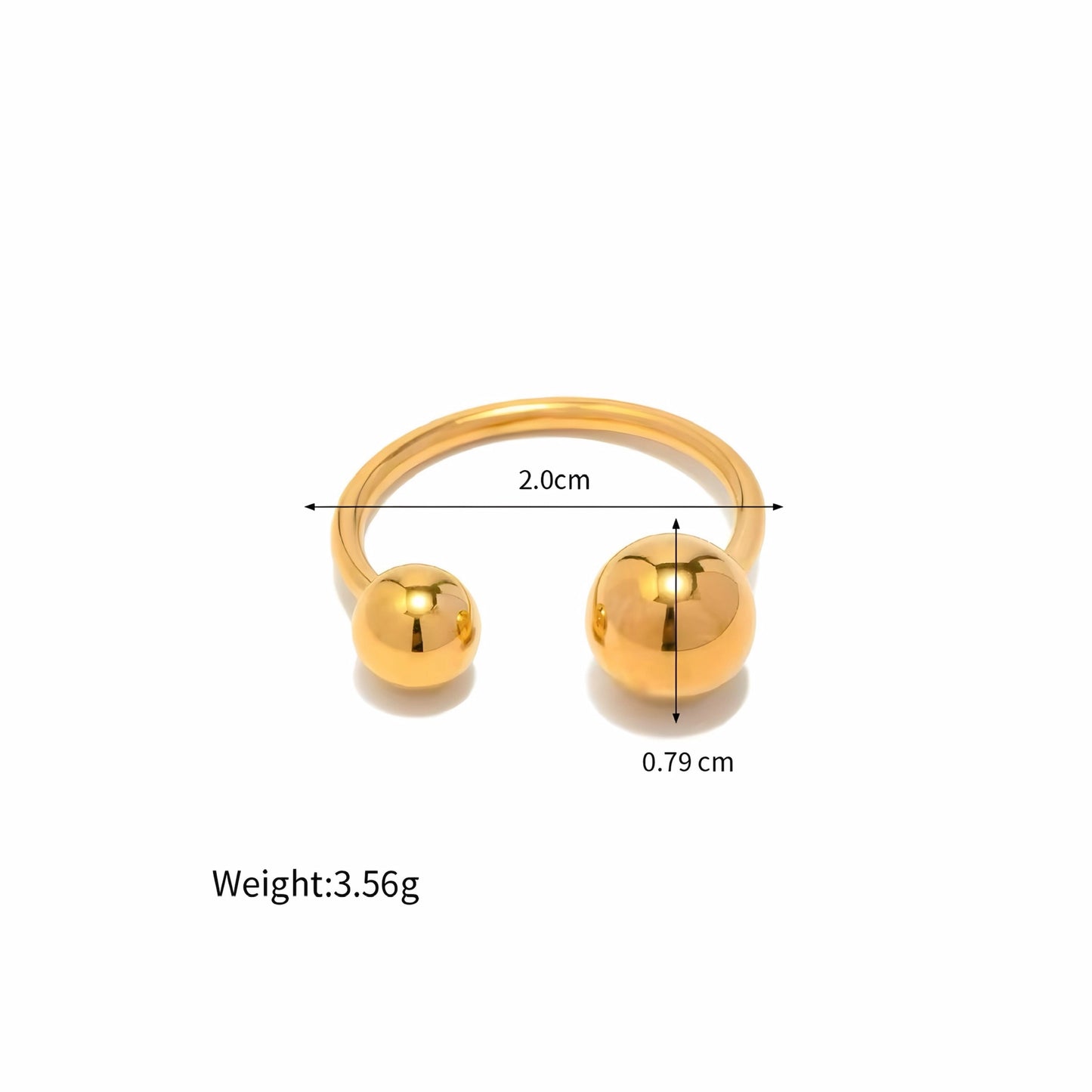 BEHI MILANO Adriana Ring dimensions — 2.0cm diameter open gold ring with 0.79cm sphere ends, weight 3.56g, 18k gold-plated stainless steel