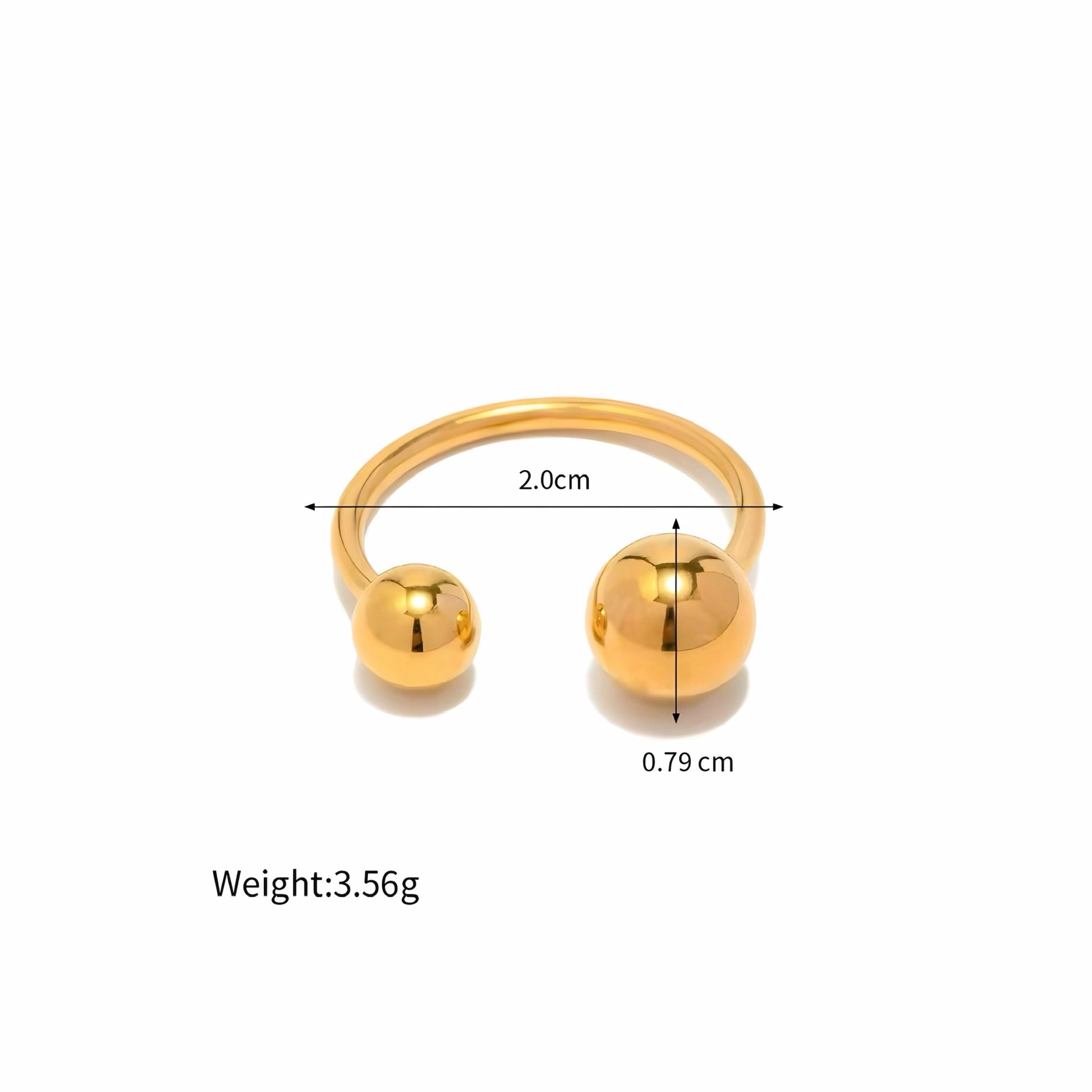 BEHI MILANO Adriana Ring dimensions — 2.0cm diameter open gold ring with 0.79cm sphere ends, weight 3.56g, 18k gold-plated stainless steel