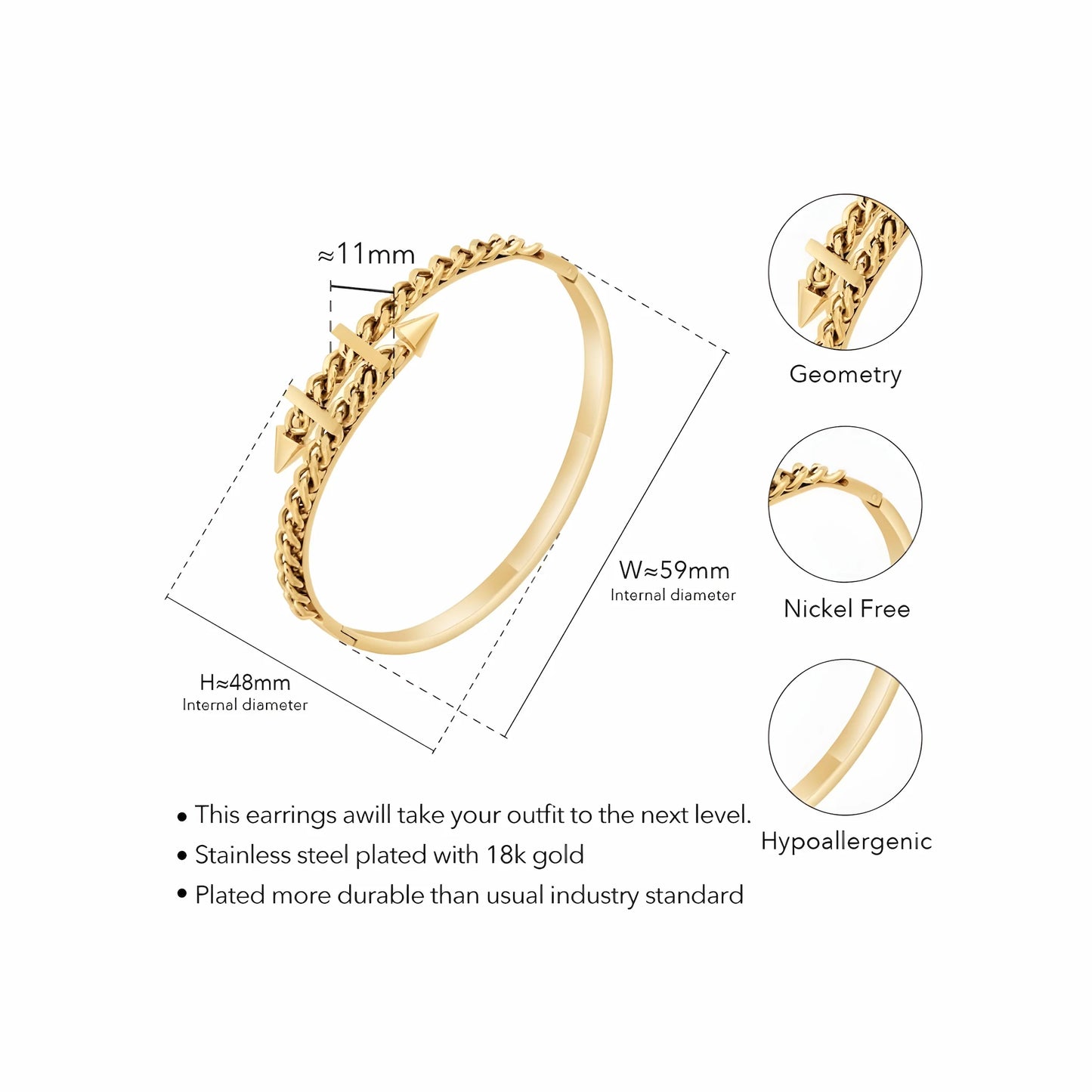 BEHI MILANO Alane Bracelet dimensions — curb chain spike bangle specs, internal diameter W59mm H48mm, width 11mm, nickel-free hypoallergenic 18k gold-plated